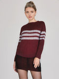 0625 Ladies Rib Striped 100% Baby Alpaca O Neck Sweater Burgundy Colo