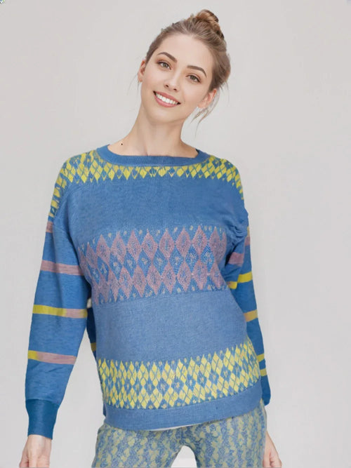 0725 Ladies Cocos Jacquard 100% Baby Alpaca O Neck Sweater Cornflower Colour