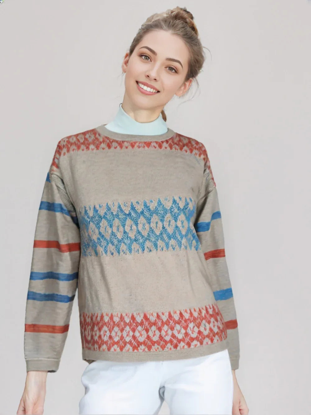 トップス 60s 70s Cuddle Knit 100% 2ply alpaca Sustainable Baby Alpaca Cocos Jacquard Jumper- Eco-Friendly | Ti