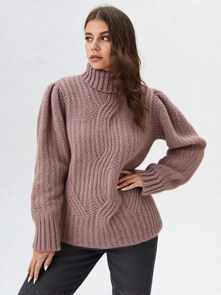 Ladies Aran Cable Baby Alpaca Roll Neck Sweater