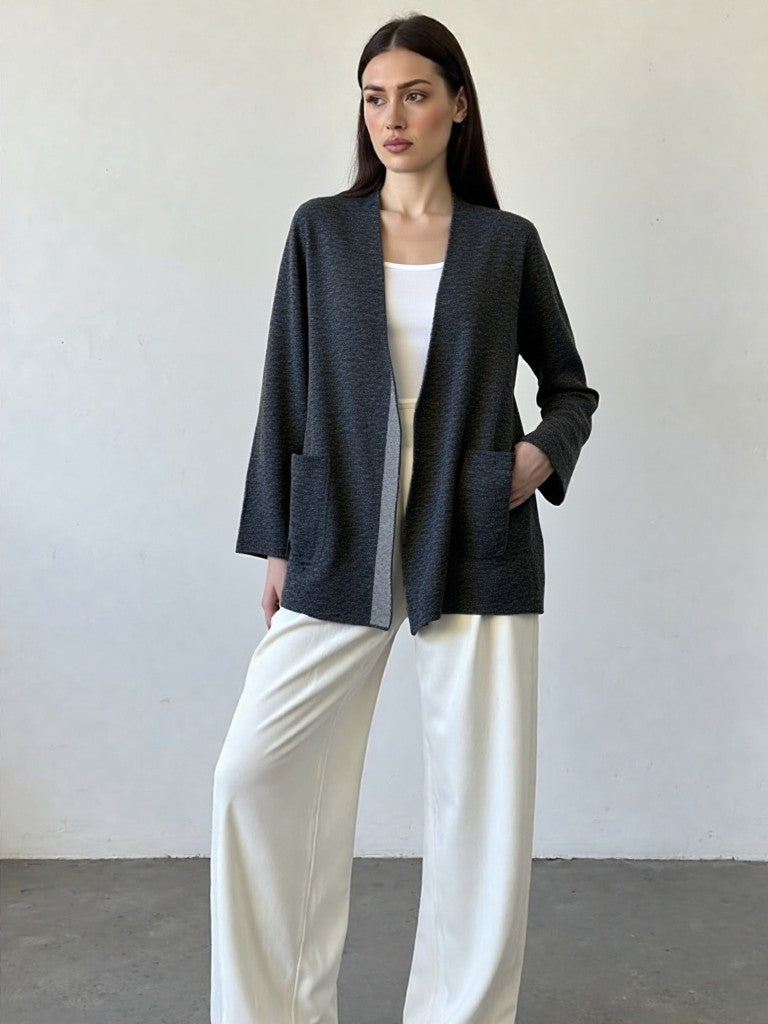 Ladies Reversible Double Colour Baby Alpaca V Neck Open Cardigan