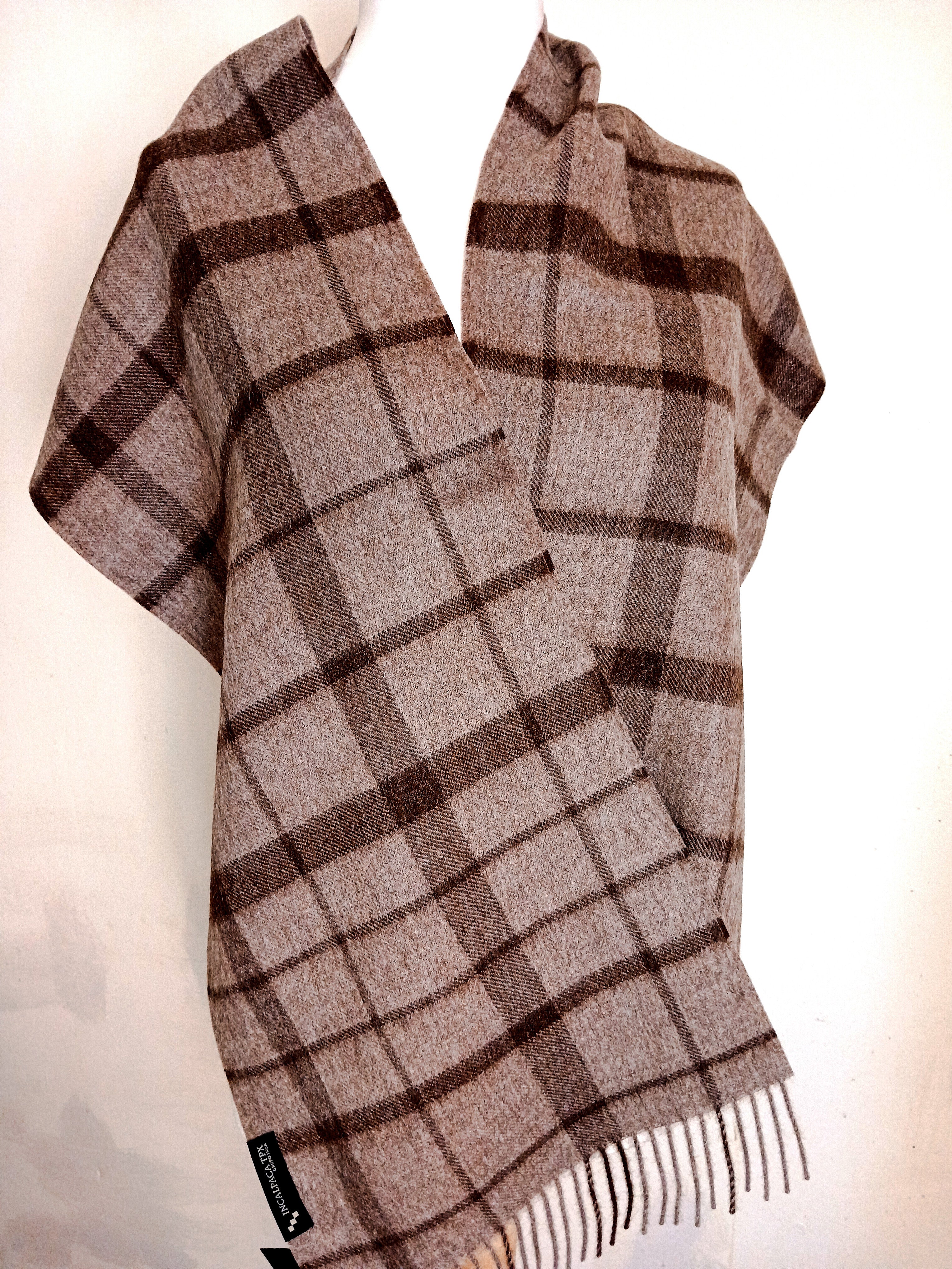 Baby Alpaca Plaid Scarf with Fringes