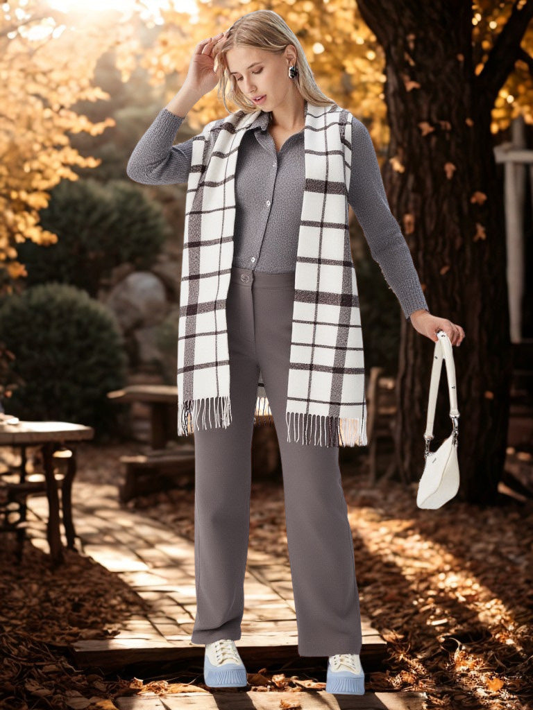 Undyed 100% Baby Alpaca Plaid Check Scarf with Fringes